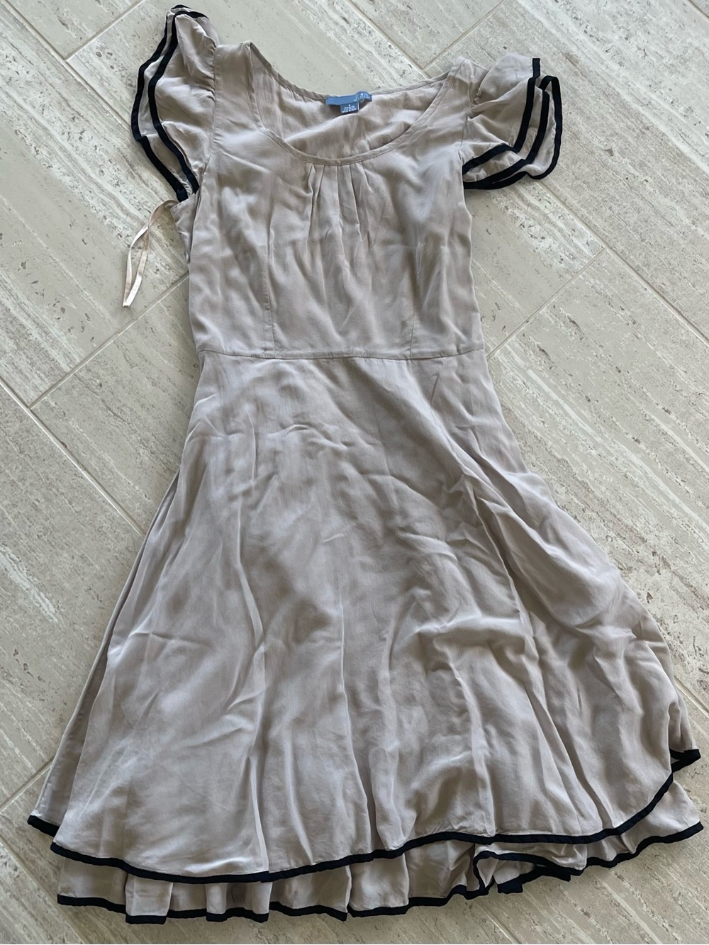 Anthropologie Lil Neutral Light Gray Lined Midi Dress with Black Trim
